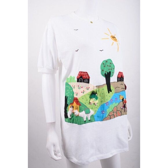La Vicuna Peru Womens StichWork Shirt Top L White Village scene Head Band - Picture 2 of 9
